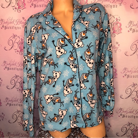 Disney Olaf PJ shirt button up long sleeve fleece soft cozy blue white orange - Picture 1 of 5
